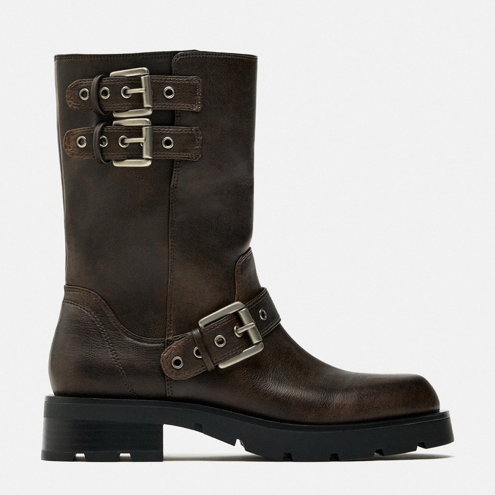 BUCKLED FLAT BIKER ANKLE BOOTS